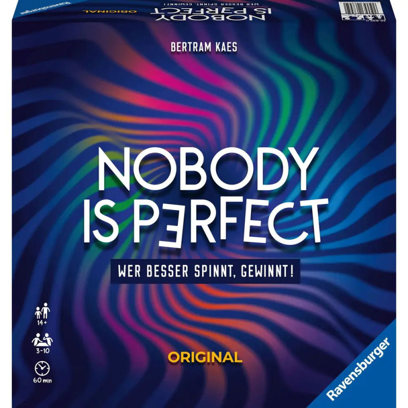 Spielschachtel mit dem Titel Nobody is Perfect auf buntem, wellenförmigem Blau-Lila-Hintergrund. Spielschachtel mit dem Titel Nobody is Perfect auf buntem, wellenförmigem Blau-Lila-Hintergrund.