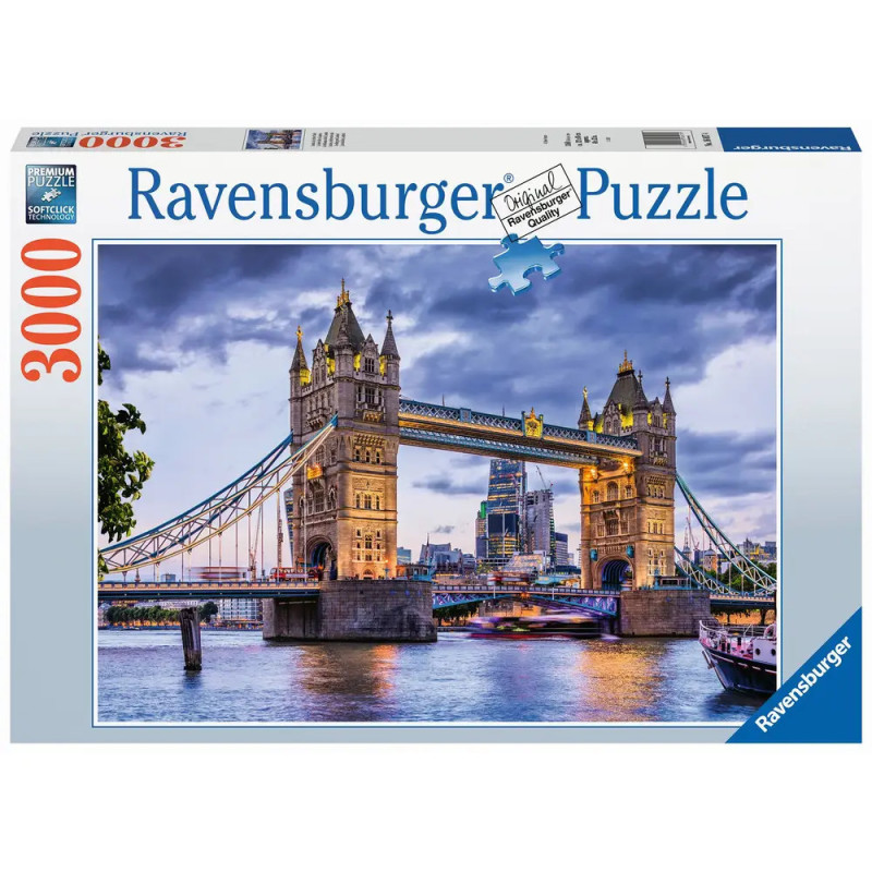 Ravensburger Puzzle mit 3000 Teilen: Motiv ist die Tower Bridge in London bei Dämmerung.