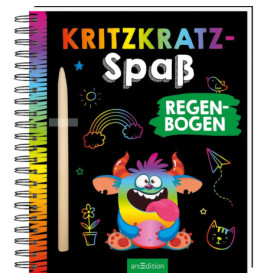 Buntes Kratzkunst-Buchcover mit fröhlichem Monster, Regenbogen, Katze und dem Titel Kritzkratz-Spaß Regenbogen.