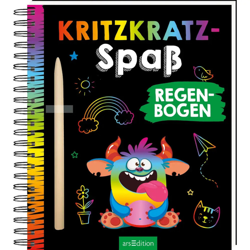 Buntes Kratzkunst-Buchcover mit fröhlichem Monster, Regenbogen, Katze und dem Titel Kritzkratz-Spaß Regenbogen.