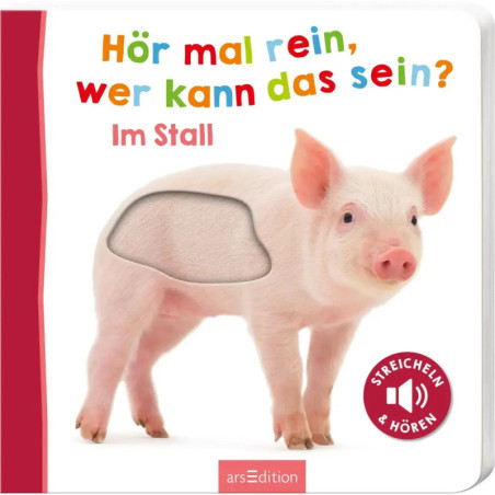 Kinderbuchcover mit Schwein-Illustration, buntem deutschen Text und einer integrierten Fühl- und Hörfläche. Kinderbuchcover mit Schwein-Illustration, buntem deutschen Text und einer integrierten Fühl- und Hörfläche.