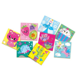 Acht bunte Mosaikkarten mit niedlichen Tieren, Desserts und Fantasiewesen auf farbenfrohem Hintergrund.