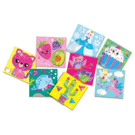 Acht bunte Mosaikkarten mit niedlichen Tieren, Desserts und Fantasiewesen auf farbenfrohem Hintergrund.