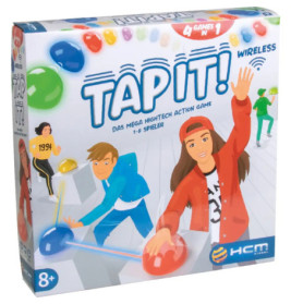 Bunte Tap It! Spielbox mit Cartoon-Kindern, die auf große rote und blaue Tasten drücken ab 8 Jahren.