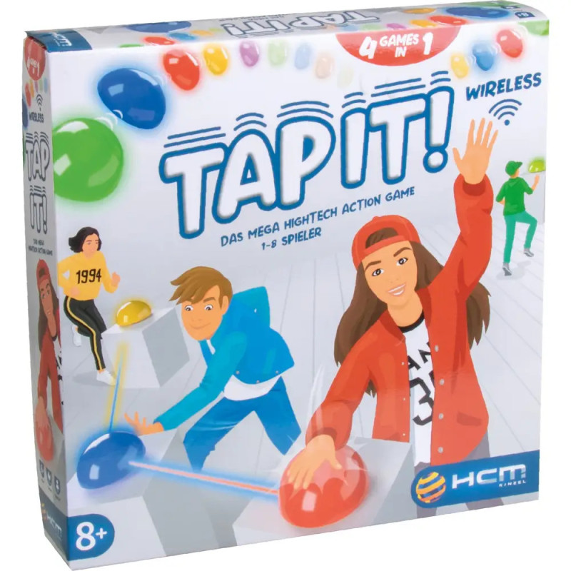 Bunte Tap It! Spielbox mit Cartoon-Kindern, die auf große rote und blaue Tasten drücken ab 8 Jahren.