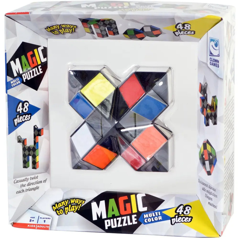 Magisches Puzzle-Spielzeug mit bunten, drehbaren Dreiecken in Verpackung, beschriftet mit 48 Teilen und Viele Spielmöglichkeiten Magisches Puzzle-Spielzeug mit bunten, drehbaren Dreiecken in Verpackung, beschriftet mit 48 Teilen und Viele Spielmöglichkeiten