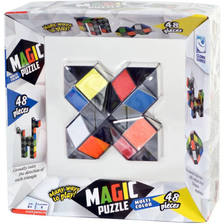 Magisches Puzzle-Spielzeug mit bunten, drehbaren Dreiecken in Verpackung, beschriftet mit 48 Teilen und Viele Spielmöglichkeiten