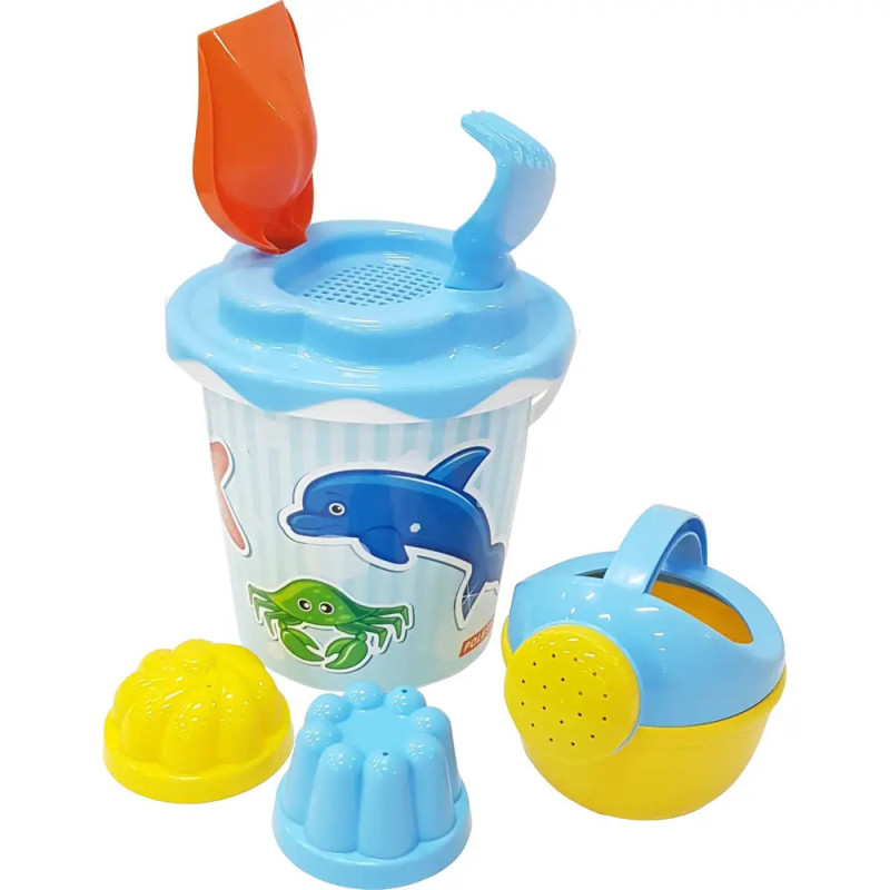 Buntes Strandspielzeug-Set für Kinder mit Eimer, Schaufel, Rechen, Gießkanne und Sandförmchen in Tierform.