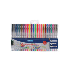 24 bunte Gelstifte in einer Plastikbox, darunter Neon-, Metallic- und Glitzerfarben.