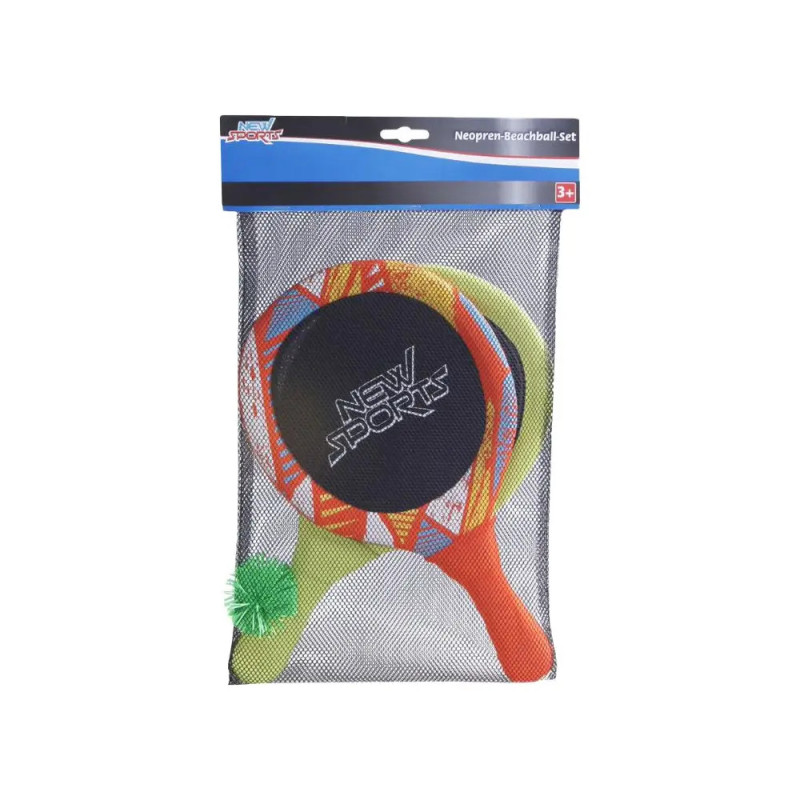 Beachball-Set mit zwei bunten Schlägern und grünem Ball in schwarzem Netzbeutel, Aufschrift: NEW SPORT.