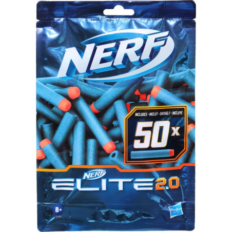 Packung mit 50 Nerf Elite 2.0 Schaumstoff-Darts mit orangefarbenen Spitzen in blauer Verpackung.