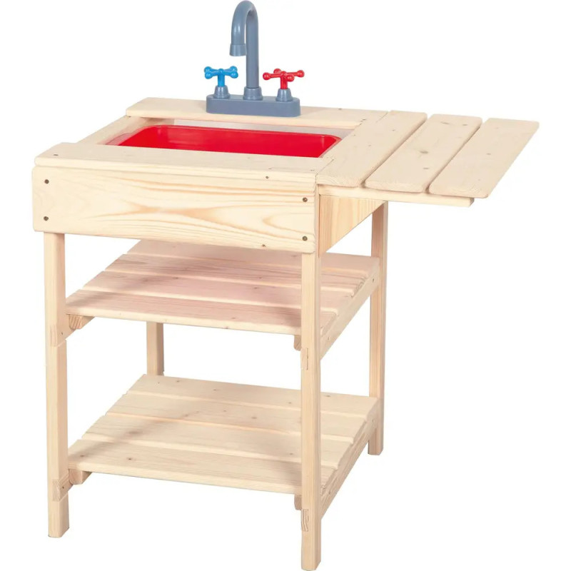 Holz-Spielspüle mit rotem Becken, blauen und roten Wasserhähnen, Regalen und angebautem Seitentisch.