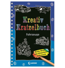 Buchcover mit bunten Kratzbildern von Fahrzeugen und dem deutschen Titel Kreativ Kratzelbuch Fahrzeuge.