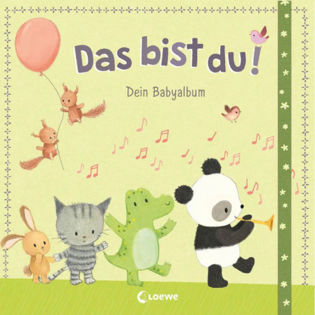Vier Tiere, Ballon und Noten auf grünem Babyalbum mit dem deutschen Titel Das bist du!.