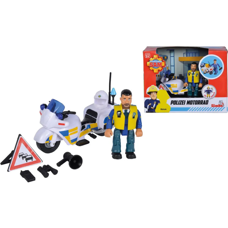 Fireman Sam Polizei-Motorrad-Spielset mit Spielfigur, Zubehör und Verpackung im Hintergrund.