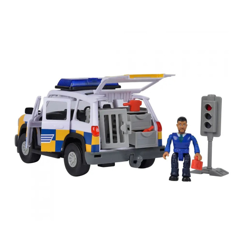 Spielzeug-Polizei-SUV mit offenen Türen, Figur, Ampel und Verkehrskegeln daneben. Spielzeug-Polizei-SUV mit offenen Türen, Figur, Ampel und Verkehrskegeln daneben.