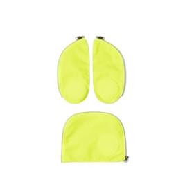 Drei neon-gelbe Stofftaschen mit Reißverschluss, zwei kleine und eine große, liegen auf weißem Hintergrund.