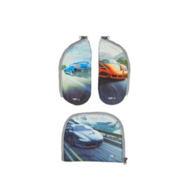 Drei Reißverschlusstaschen mit Rennwagenmotiven, darauf blaue und orange Sportwagen auf einer Rennstrecke.