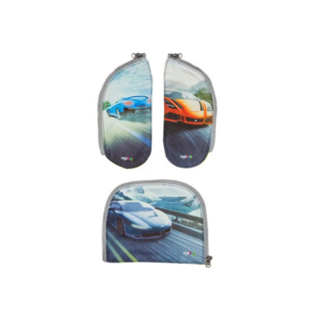 Drei Reißverschlusstaschen mit Rennwagenmotiven, darauf blaue und orange Sportwagen auf einer Rennstrecke.