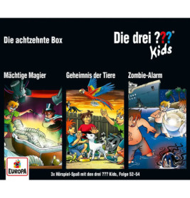 Cover mit drei Die drei ??? Kids-Geschichten: Magier, Tier-Mystery und Zombie-Alarm, dazu Cartoon-Szenen.