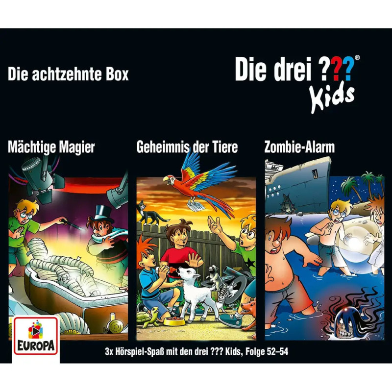 Cover mit drei Die drei ??? Kids-Geschichten: Magier, Tier-Mystery und Zombie-Alarm, dazu Cartoon-Szenen.