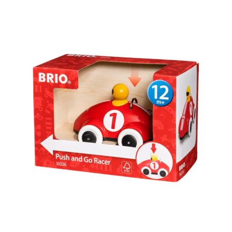 Rotes BRIO-Rennauto mit gelbem Fahrer in Packung Push and Go Racer für Kinder ab 12 Monaten. Rotes BRIO-Rennauto mit gelbem Fahrer in Packung Push and Go Racer für Kinder ab 12 Monaten.