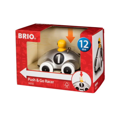 BRIO Push & Go Racer: Spielzeugauto mit gelbem Fahrer in roter Verpackung, geeignet ab 12 Monaten.