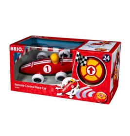 Rotes ferngesteuertes Rennauto mit gelber Fernbedienung in Verpackung, geeignet ab 24 Monaten.