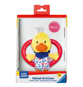 Weiches Entenrasselspielzeug mit rotem Herzgriff in Verpackung, geeignet ab 3 Monaten.