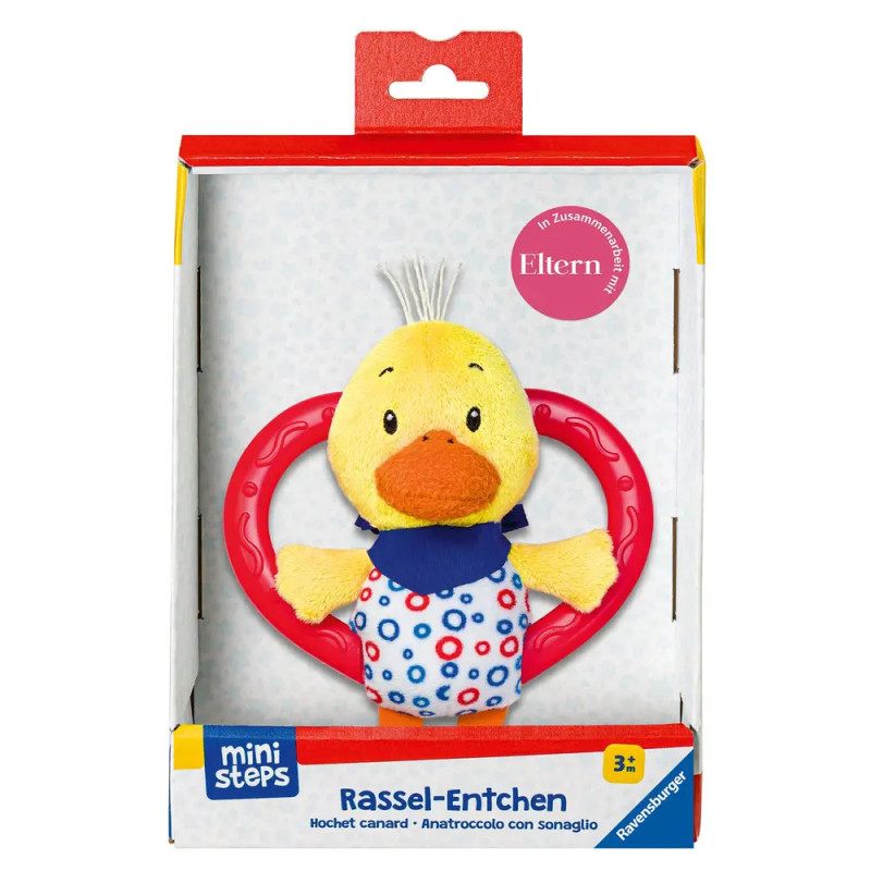Weiches Entenrasselspielzeug mit rotem Herzgriff in Verpackung, geeignet ab 3 Monaten. Weiches Entenrasselspielzeug mit rotem Herzgriff in Verpackung, geeignet ab 3 Monaten.