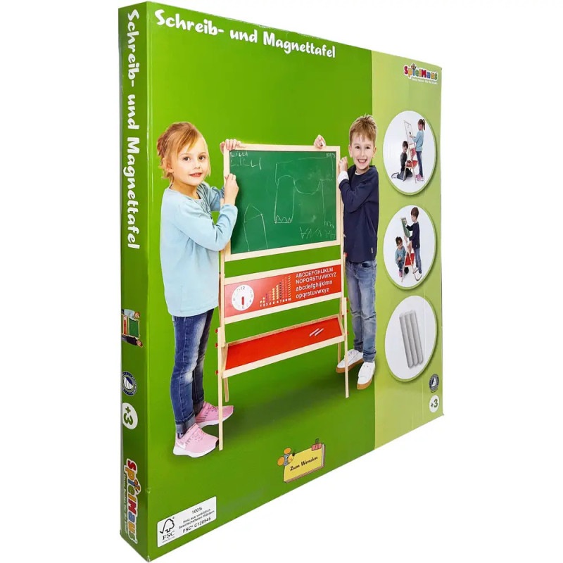 Zwei Kinder malen lächelnd an einer grünen Tafel auf der Verpackung eines Produkts.