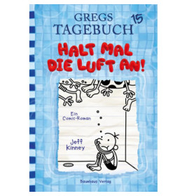 Blau kariertes Cover von Gregs Tagebuch 15 mit Comicjunge unter Wasser und roter Aufschrift: Halt mal die Luft an!.