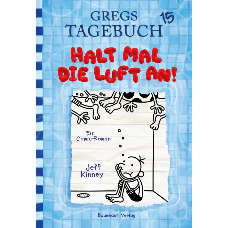 Blau kariertes Cover von Gregs Tagebuch 15 mit Comicjunge unter Wasser und roter Aufschrift: Halt mal die Luft an!.