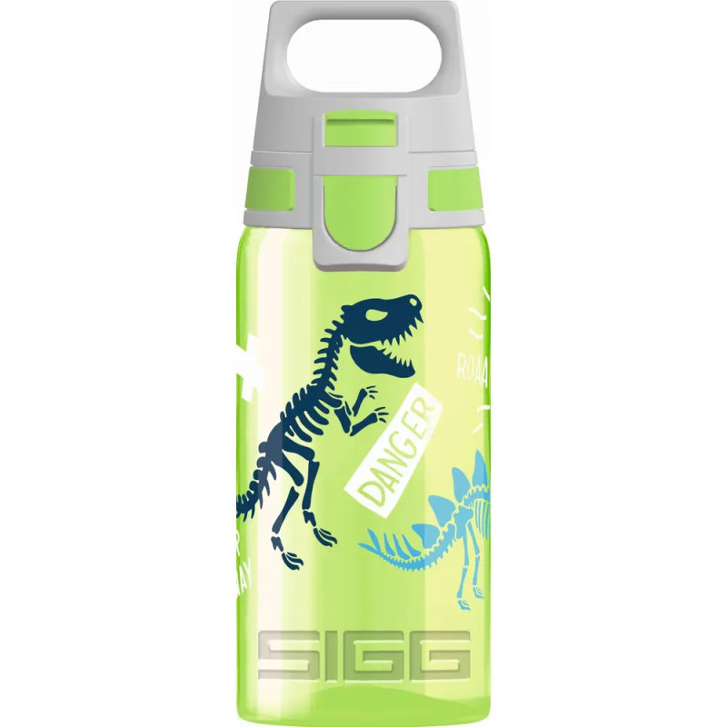 Grüne SIGG-Trinkflasche mit Dinosaurier-Skelett-Illustrationen und hellgrauem Deckel.