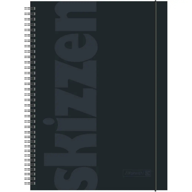Schwarzes Spiral-Skizzenbuch mit großem, dunklem skizzen-Schriftzug auf dem Cover.