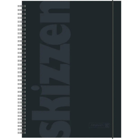 Schwarzes Spiral-Skizzenbuch mit großem, dunklem skizzen-Schriftzug auf dem Cover.