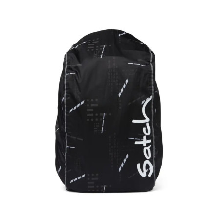 Schwarzer Rucksack mit abstraktem weißen Muster und vertikalem Satch-Logo auf der rechten Seite.