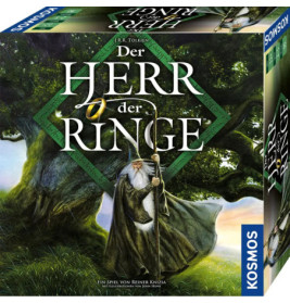 Boxcover des Brettspiels Der Herr der Ringe mit Gandalf, der Stab und Umhang hält, unter einem großen Baum.