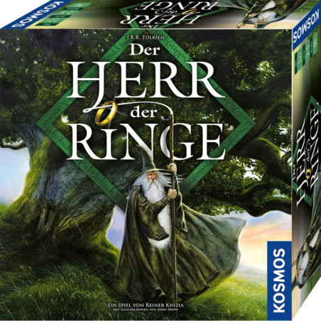 Boxcover des Brettspiels Der Herr der Ringe mit Gandalf, der Stab und Umhang hält, unter einem großen Baum. Boxcover des Brettspiels Der Herr der Ringe mit Gandalf, der Stab und Umhang hält, unter einem großen Baum.