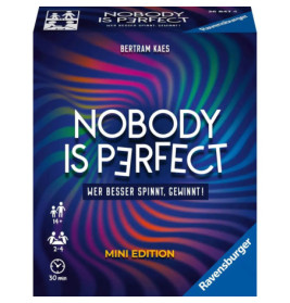 Box der Nobody is Perfect Mini Edition mit buntem Wirbel-Design und sichtbaren Spieldetails.
