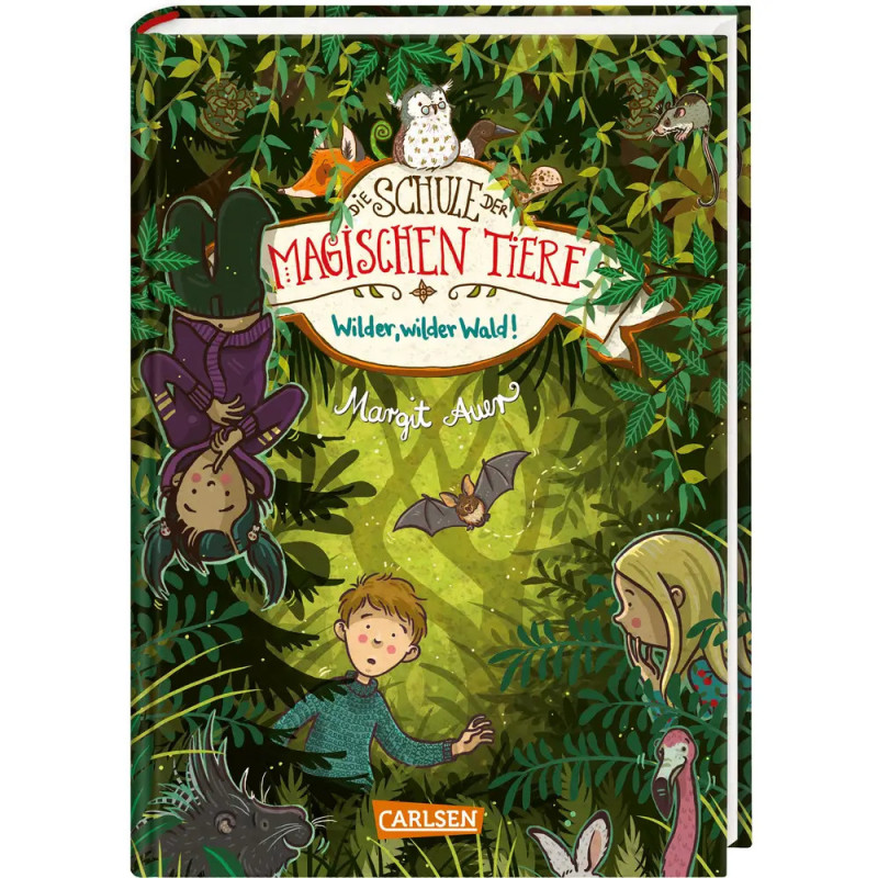 Kinder im magischen Wald mit Tieren und einem Schild mit der Aufschrift Die Schule der magischen Tiere.