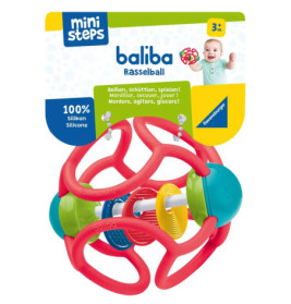 Rotes und türkisfarbenes Silikon-Babyrasselball-Spielzeug ab 3 Monate, verpackt, Marke mini steps.