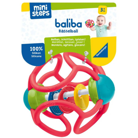Rotes und türkisfarbenes Silikon-Babyrasselball-Spielzeug ab 3 Monate, verpackt, Marke mini steps. Rotes und türkisfarbenes Silikon-Babyrasselball-Spielzeug ab 3 Monate, verpackt, Marke mini steps.