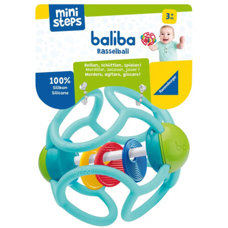 Türkis-grüner Silikon-Babyrasselball von Ravensburger, geeignet ab 3 Monaten, in Originalverpackung.