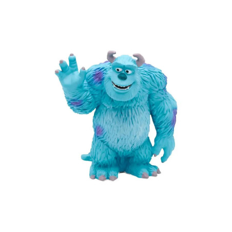 Blaues, pelziges Monster mit lila Flecken und Hörnern winkt lächelnd vor weißem Hintergrund. Blaues, pelziges Monster mit lila Flecken und Hörnern winkt lächelnd vor weißem Hintergrund.