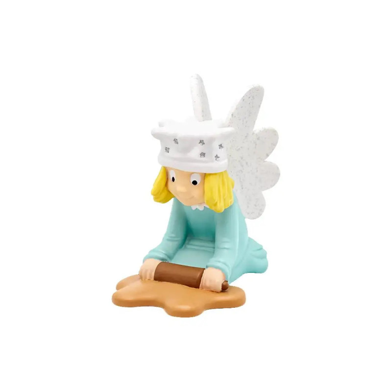 Engelsfigur in Blau rollt mit Nudelholz Teig aus, trägt weiße Kochmütze und Flügel. Engelsfigur in Blau rollt mit Nudelholz Teig aus, trägt weiße Kochmütze und Flügel.