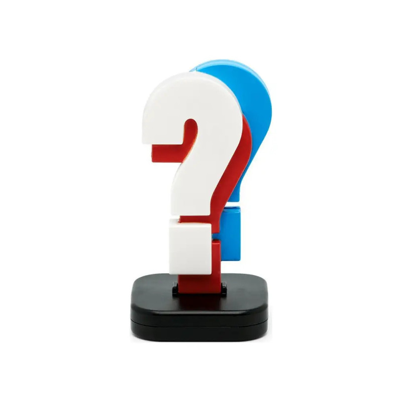 Zwei sich überlappende Fragezeichen, eines rot-weiß, eines blau, auf schwarzem Sockel vor weißem Hintergrund.