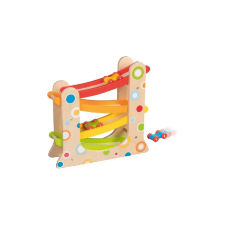 Holz-Spielzeugautorampe mit bunten Bahnen und kleinen Autos, geeignet für Kleinkinder. Holz-Spielzeugautorampe mit bunten Bahnen und kleinen Autos, geeignet für Kleinkinder.