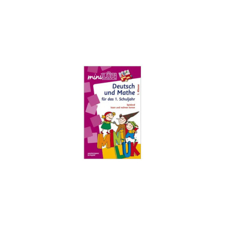 MiniLÜK Arbeitsheft: Cartoonkinder, Titel Deutsch und Mathe für das 1. Schuljahr, lila Hintergrund.