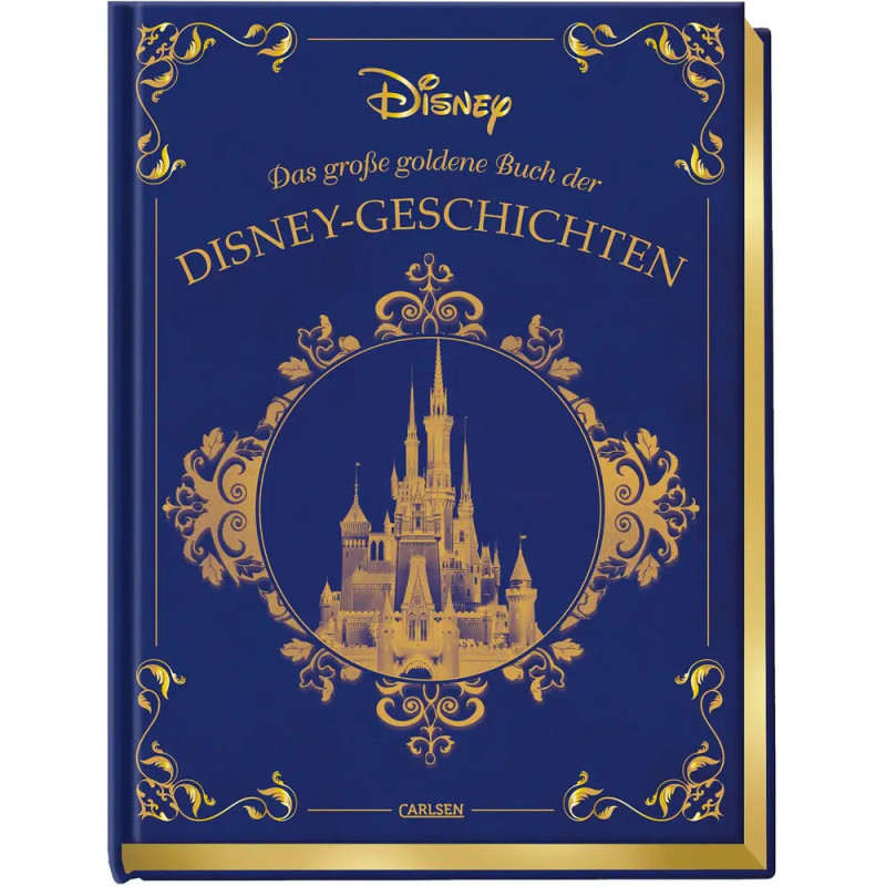Blau-goldenes Buchcover mit Schloss und Verzierungen, Titel auf Deutsch: Disney-Geschichten. Blau-goldenes Buchcover mit Schloss und Verzierungen, Titel auf Deutsch: Disney-Geschichten.